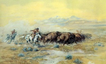  1903 Painting - the buffalo hunt 1903 Charles Marion Russell